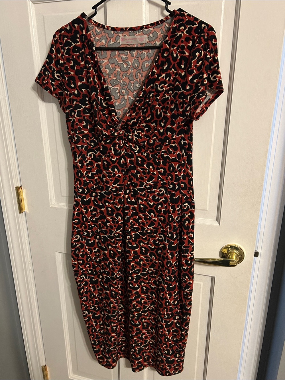 No Boundaries Red and Black Leopard-Print Twist Front Midi Dress
